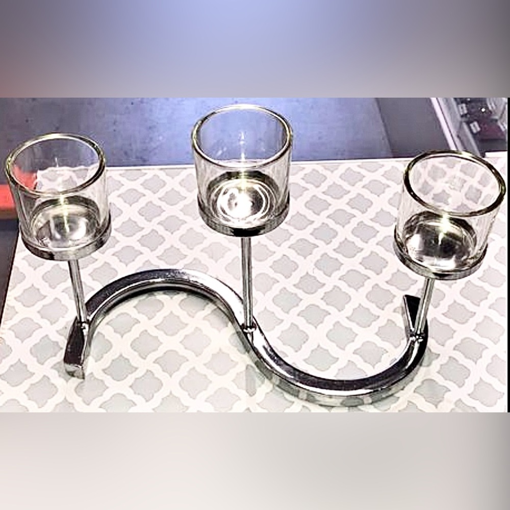 “S” Shaped Trio Metal and Glass Votive Candle Holder